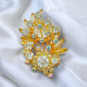Juliana D&E Brooch Clear Rhinestone 3 Dimensional Flower Gold Tone 3 Inch Beauty